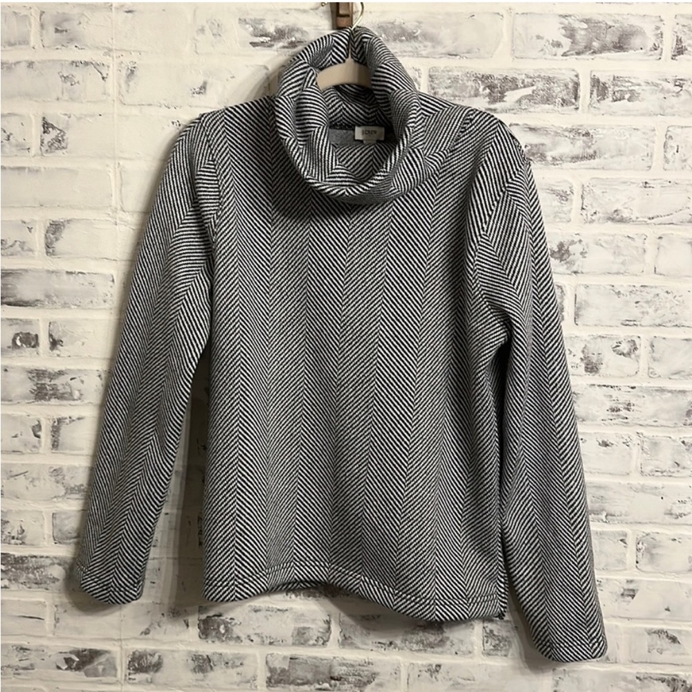 J. Crew Black and White Cowl Neck Herringbone Fleece Lined Sweater | Women's L